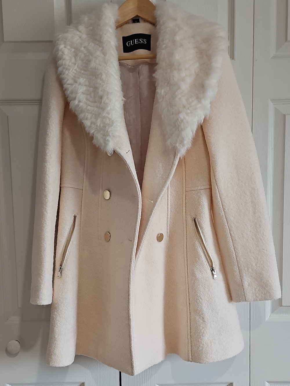 GUESS Women's Cream Faux-Fur Collar Wool Blend Coat